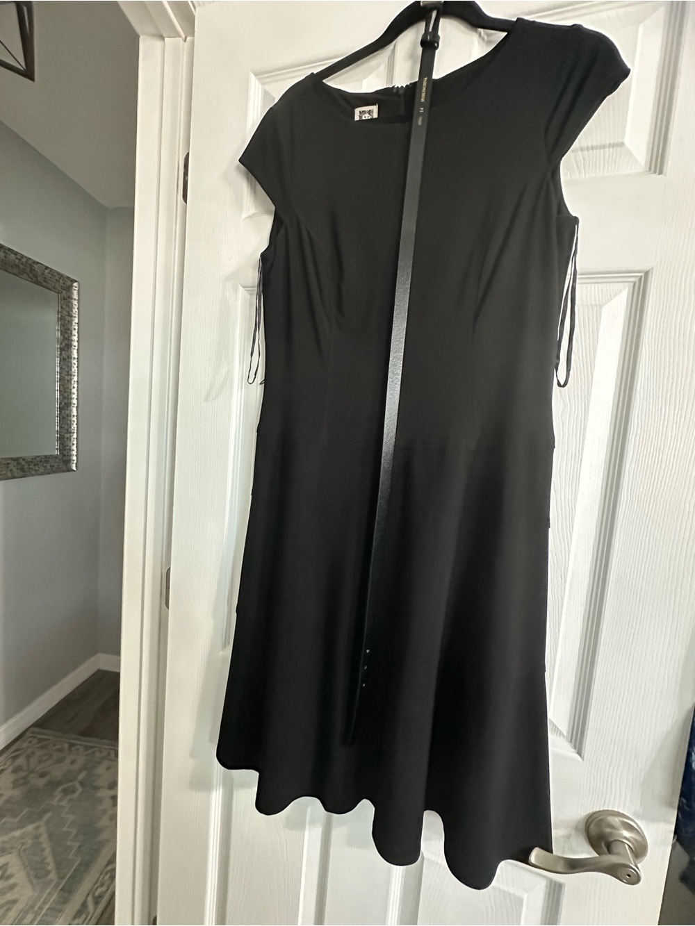 Anne Klein Black Midi A-Line Dress with Cap Sleeves and matching belt